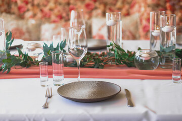 Wedding boho table setting and decor. Festive dinner. 