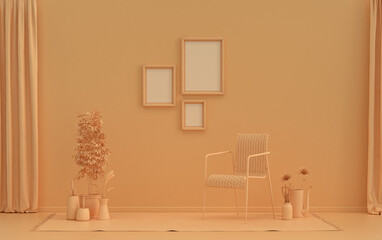 Gallery wall with three frames, in monochrome flat single orange pinkish color room with single chair and plants,  3d Rendering