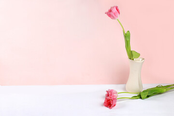 Holiday concept with flowers, abstract spring or summer composition, still life, banner. Greeting card for mothers day, womens day, lovers day, happy birthday, wedding, selective focus, 