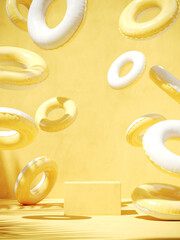 Summer mockup concept for product presentation. Yellow podium and beach ball on rustic yellow background. Clipping path of each element included. 3d rendering illustration. 