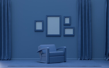 Interior room in plain monochrome dark blue color, 4 frames on the wall with single chair, without plant, for poster presentation, Gallery wall. 3D rendering