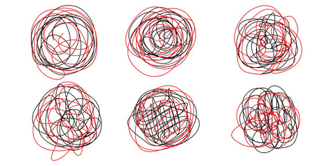 Set of hand drawn scribble black and red shapes. Chaotic twisted lines in circular objects in duddles style. Continuous line.Vector.Isolated on white background.