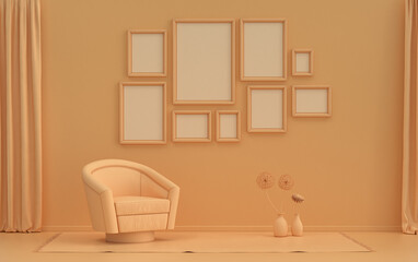 Modern interior flat orange pinkish color room with single chair and plants, gallery wall template with 9 frames on the wall for poster presentation, 3d Rendering