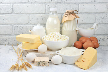 Assortment of fresh dairy products, healthy breakfast with ingredients, natural nutrition concept, maintaining healthy intestinal microflora, diet food, rustic table, selective focus