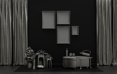 Interior room in plain monochrome black background and metallic silver color, 4 frames on the wall with single chair and plants, for poster presentation, Gallery wall. 3D rendering