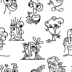 Abstract drawing of women's faces with black lines on a white background.Seamless pattern.	