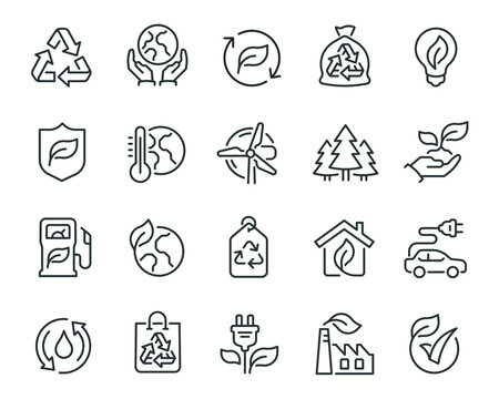 Ecology Icons Set. Collection of linear simple web icons such as Recycling, Alternative Energy Source, Ecohouse, Environmental Protection, Global Warming and other. Editable vector stroke.