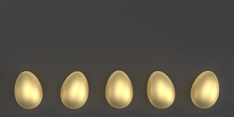 Easter 3D render concept: Greeting card with many metallic golden eggs. Grey background with large copy space. Illustrated graphic objects. Keep social distance and stay safe at pandemic