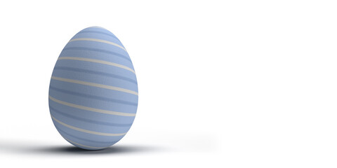 Easter 3D render concept: A decorative egg with beautiful and authentic blue design. White background with smooth shadow and large copy space. Illustrated graphic object. Shiny surface