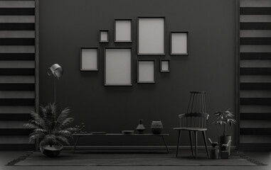 Modern interior flat black and dark gray color room with furnitures and plants, gallery wall template with eight frames on the wall for poster presentation, 3d Rendering