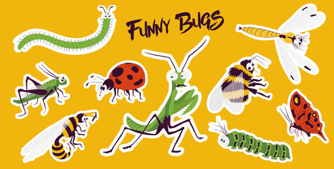 funny bugs vector illustration set. Grasshopper, ladybug, bee, bumblebee, mantis, worm, caterpillar, hornet scolopendra hornet, butterfly stickers. Children Cute cartoon comic creatures Clipart sketch