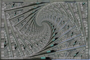 patterns and corkscrew design from building exterior and entrance to a Soviet Era block of flats in Leova City Moldova with washing hung out to dry