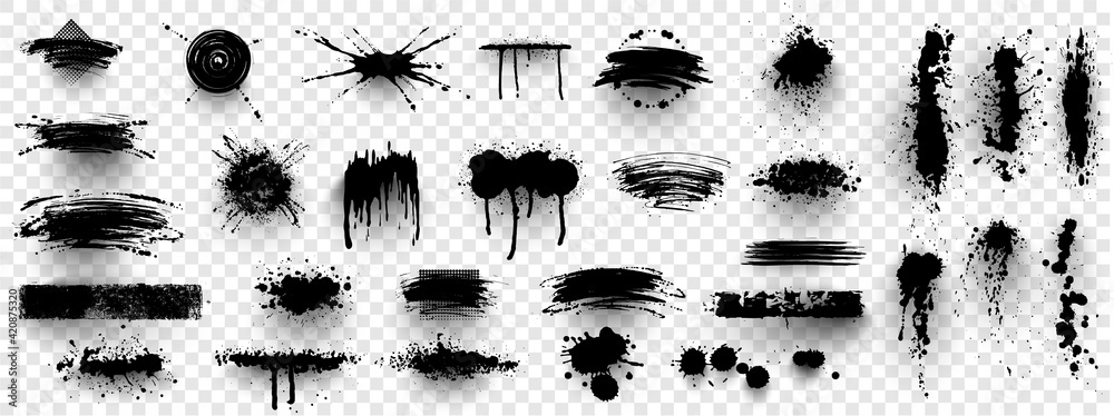 Wall mural Ink splashes. Black inked splatter dirt stain splattered spray splash. Spray paint vector elements isolated on White Background. Drips black ink splatters, Ink blots set.