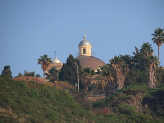 Beautiful view of the Catholic Monastery Stella Maris and Mount Carmel in Haifa close-up. Christian...
