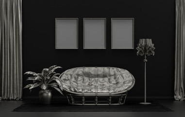 Gallery wall with three frames, in monochrome flat single black and metallic silver color room with furnitures and plants,  3d Rendering