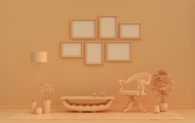 Obraz premium Poster frame background room in flat orange pinkish color with 6 frames on the wall, solid monochrome background for gallery wall mockup, 3d rendering