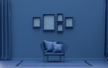 Flat color interior room for poster showcase with 5 frames  on the wall, monochrome dark blue color gallery wall with single chair, without plant. 3D rendering