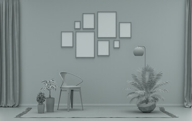 Modern interior flat ash gray color room with furnitures and plants, gallery wall template with eight frames on the wall for poster presentation, 3d Rendering