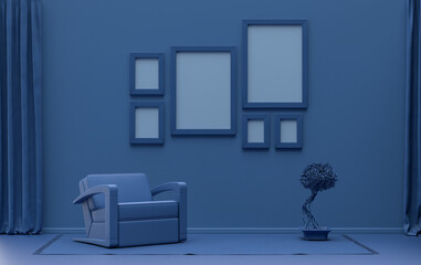 Wall mockup with six frames in solid flat  pastel dark blue color, monochrome interior modern living room with single chair and plants, 3d rendering