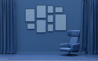 Modern interior flat dark blue color room with single chair, without plant, gallery wall template with 9 frames on the wall for poster presentation, 3d Rendering