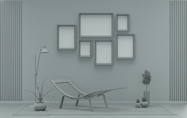 Poster frame background room in flat ash gray color with 6 frames on the wall, solid monochrome background for gallery wall mockup, 3d rendering