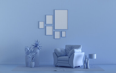 Wall mockup with six frames in solid flat  pastel light blue color, monochrome interior modern living room with furnitures and plants, 3d rendering
