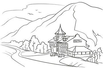 Motel on a mountain road, graphic drawing