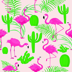 Pink flamingos on a background of cacti and exotic foliage. Seamless pattern.