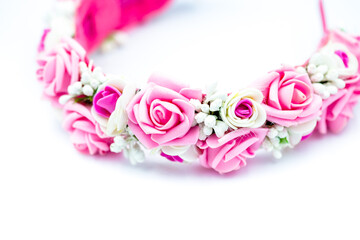 Natural floral wreath of white and pink roses isolated on white background