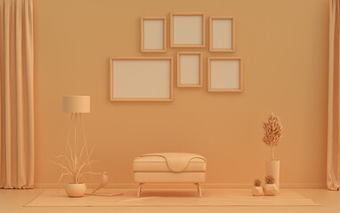 Flat color interior room for poster showcase with six frames on the wall, monochrome orange pinkish color gallery wall with furnitures and plants. 3D rendering