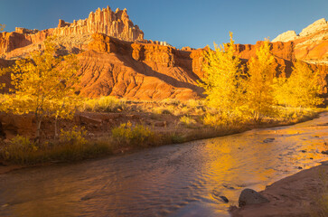 USA, Utah, Capitol Reef National Park. The Castle formation and Fremont River.