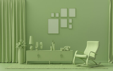 Fototapeta premium Modern interior flat light green color room with furnitures and plants, gallery wall template with eight frames on the wall for poster presentation, 3d Rendering