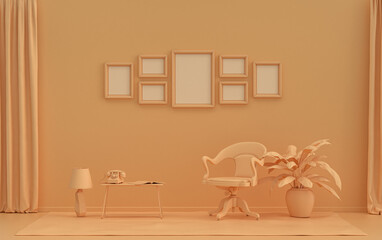 Fototapeta premium Mock-up poster gallery wall with 7 frames in solid pastel orange pinkish room with furnitures and plants, 3d Rendering
