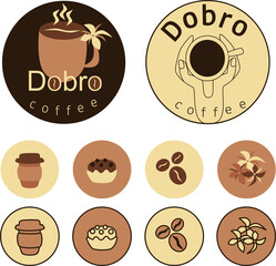 two variants of a coffee shop logo, icons for social media, website on the topic of drinks, cakes