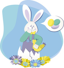 cute funny easter illustration, rabbit, eggs, chicken, flowers, amusing story, tender color