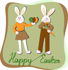 Happy Easter postcard rabbit, eggs, carrot, one line text