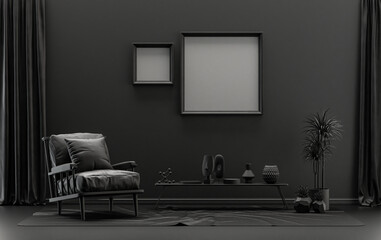 Double Frames Gallery Wall in black and dark gray color monochrome flat room with furnitures and plants, 3d Rendering