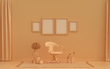 Interior room in plain monochrome orange pinkish color, 4 frames on the wall with single chair and plants, for poster presentation, Gallery wall. 3D rendering