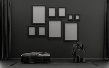 Modern interior flat black and dark gray color room with single chair and plants, gallery wall template with 9 frames on the wall for poster presentation, 3d Rendering