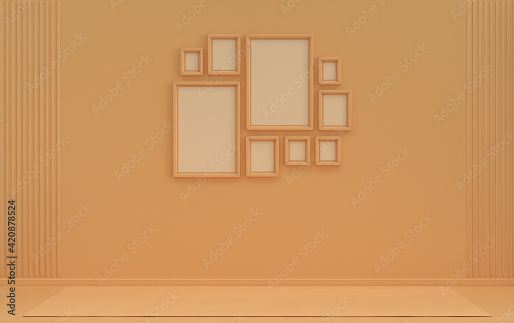 Wall mural Modern interior flat orange pinkish color room without furniture and empty, gallery wall template with 9 frames on the wall for poster presentation, 3d Rendering