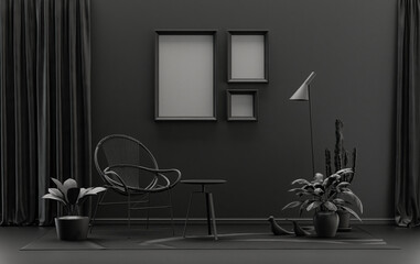 Gallery wall with three frames, in monochrome flat single black and dark gray color room with furnitures and plants,  3d Rendering