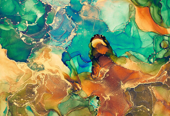 Obraz na płótnie Canvas Currents of translucent hues, snaking metallic swirls, and foamy sprays of color shape the landscape of these free-flowing textures. Natural luxury abstract fluid art painting in alcohol ink technique