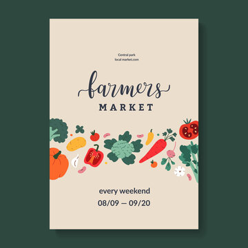 Farmers market or harvest festival poster with lettering and vegetable illustrations. Vector template, design with illustrated local food, cabbage, tomato and pepper