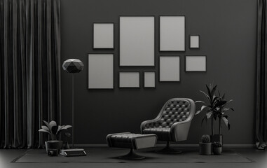 Modern interior flat black and dark gray color room with furnitures and plants, gallery wall template with 9 frames on the wall for poster presentation, 3d Rendering