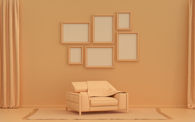 Wall mockup with six frames in solid flat  pastel orange pinkish color, monochrome interior modern living room with single chair, without plant, 3d rendering