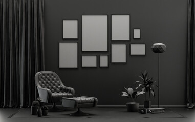 Modern interior flat black and dark gray color room with furnitures and plants, gallery wall template with 9 frames on the wall for poster presentation, 3d Rendering