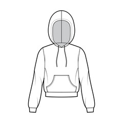 Hoody sweatshirt technical fashion illustration with long sleeves, relax body, kangaroo pouch, banded hem, drawstring. Flat apparel template front, white color. Women, men, unisex CAD mockup