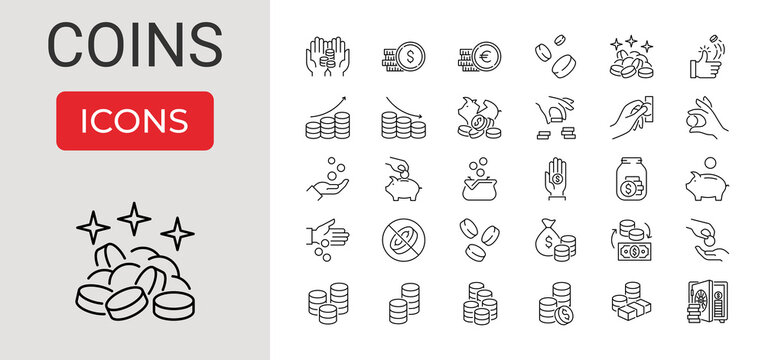 Set of Coins Related Vector Line Icons. Contains such Icons as Coins Stack, Donation, Tips Jar, Piggy Bank, Coin Toss, Exchange Money, Saving, Banknote Stack, Euro and Dollar Sign. Editable Stroke.