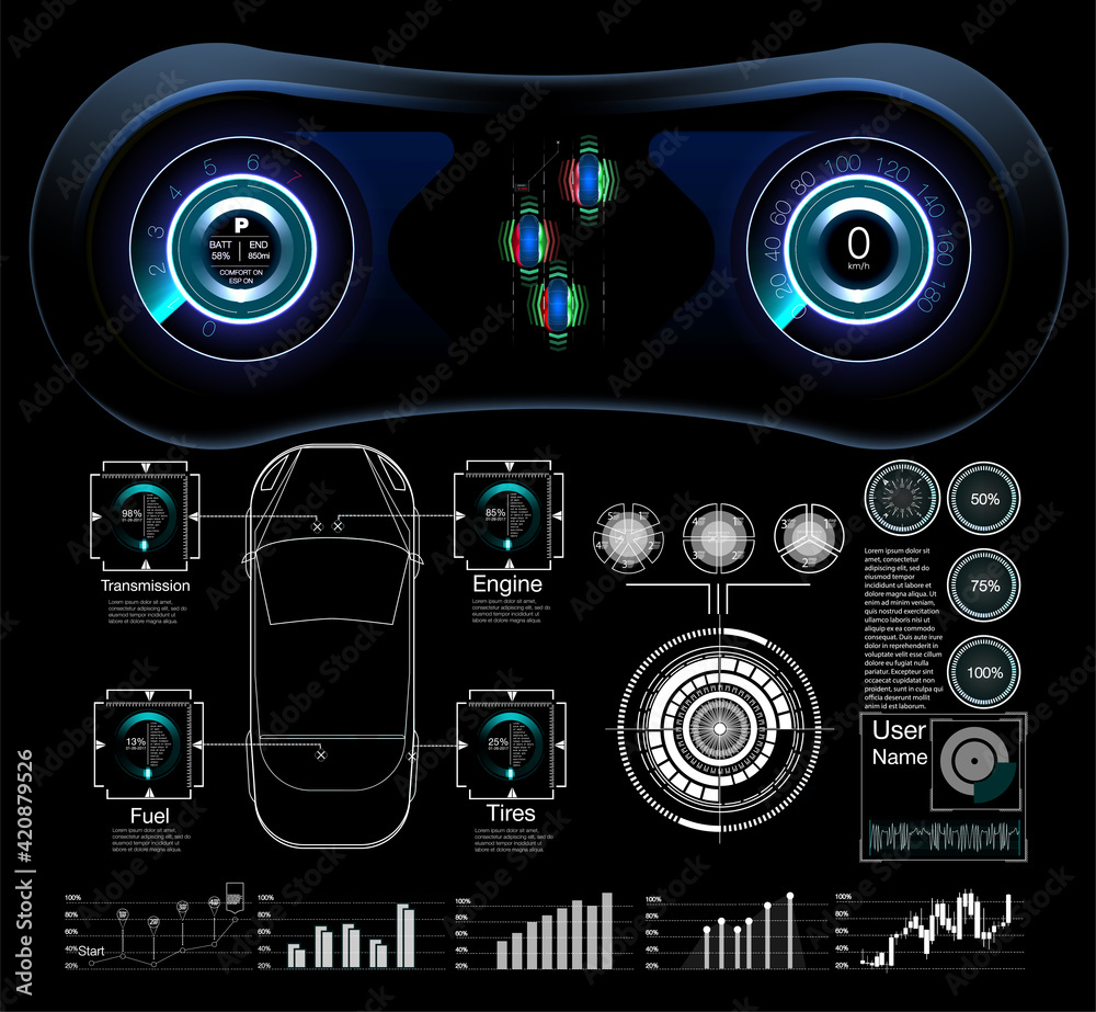 Poster futuristic user interface. hud ui. abstract virtual graphic touch user interface. cars infographic. 