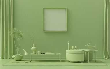 Naklejka na ściany i meble Single Frame Gallery Wall in light green color monochrome flat room with furnitures and plants, 3d Rendering